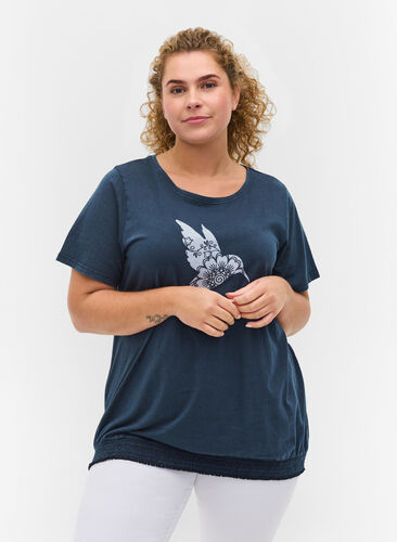 T-shirt en coton bio avec smocks, NavyBlazer Acid Bird, Model image number 0