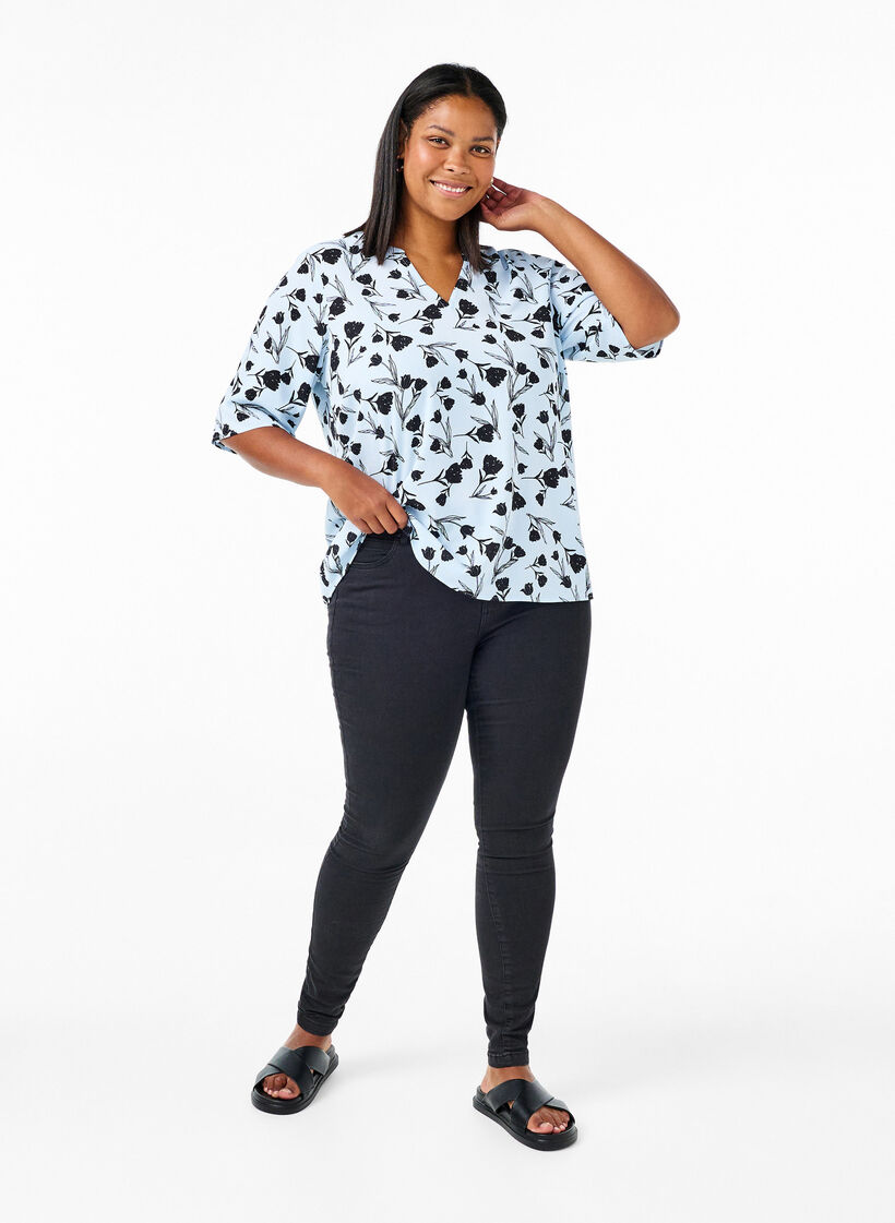  Blouse met V-hals en bloemenprint, Cashmere Blue Flower, Model image number 2