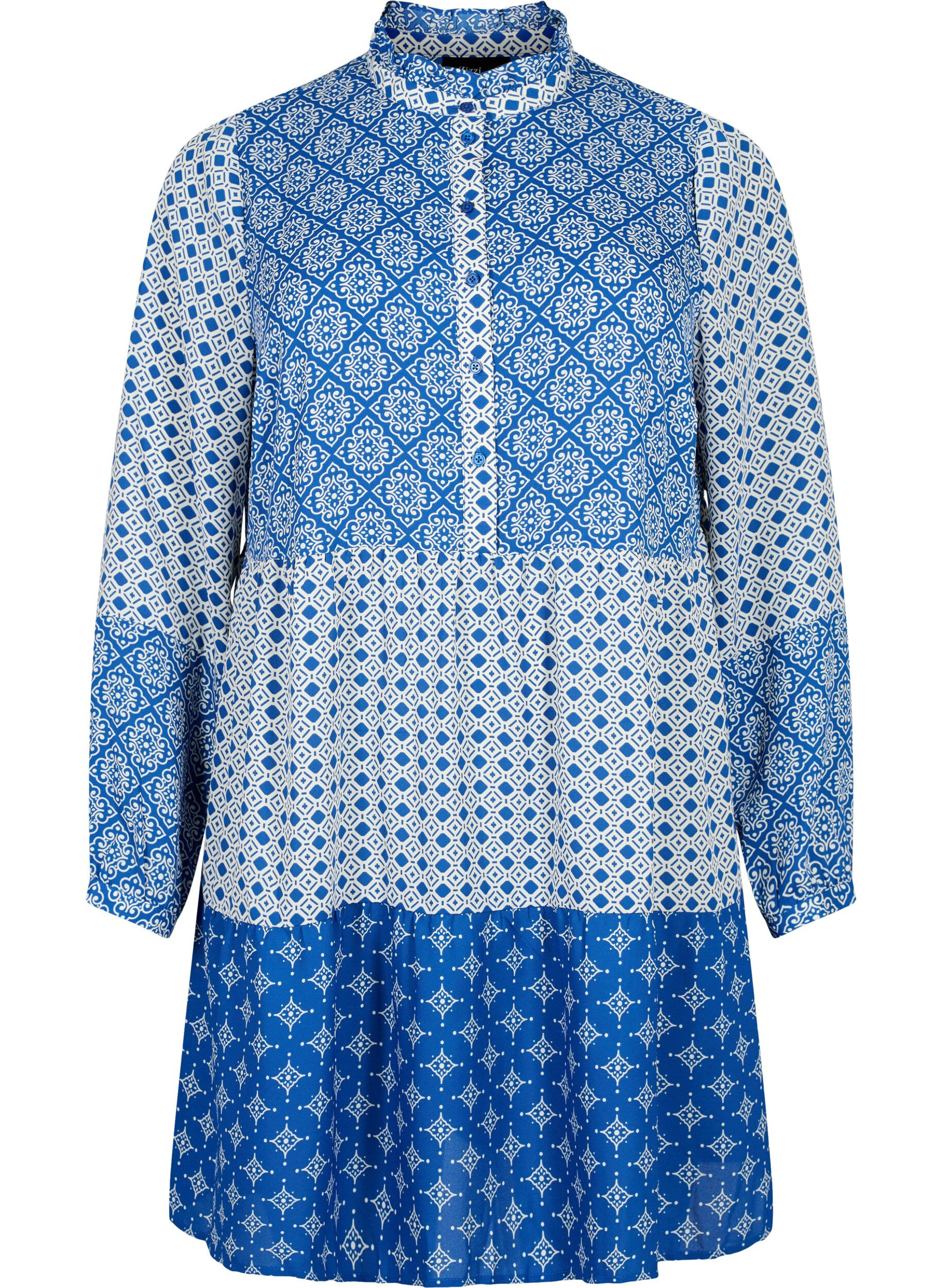 Zizzi Robe trap&egrave;ze avec motifs et lignes de coupe, Blue AOP, Packshot image number 0
