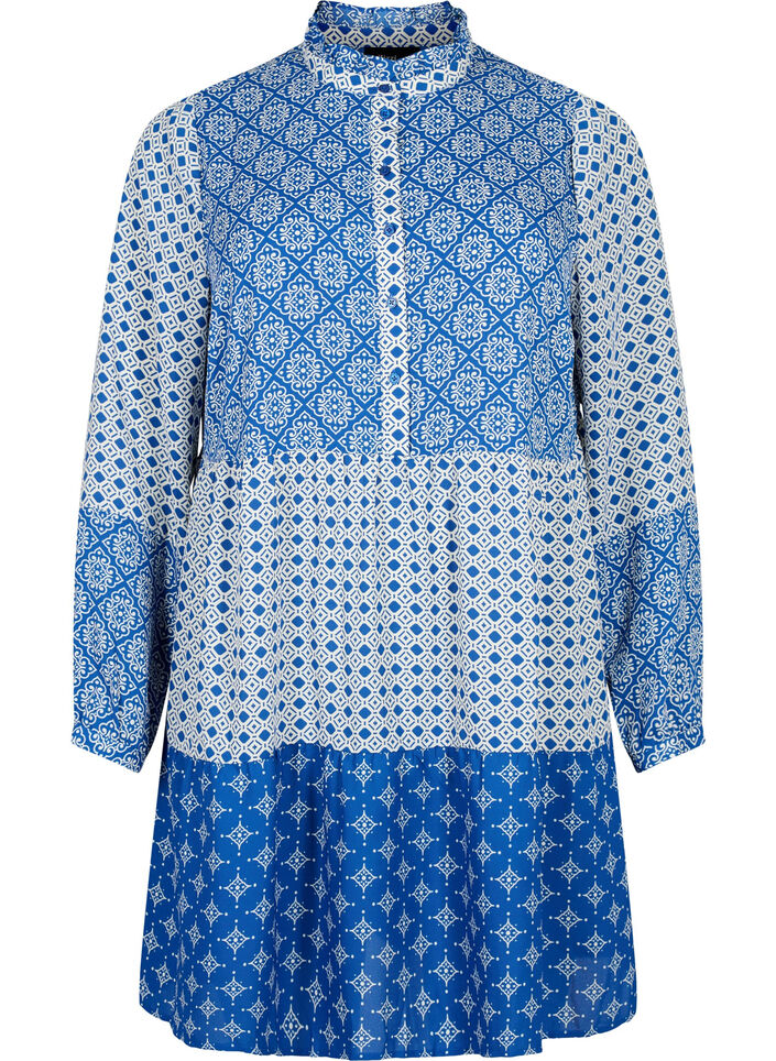 Robe trap&egrave;ze avec motifs et lignes de coupe, Blue AOP, Packshot image number 0