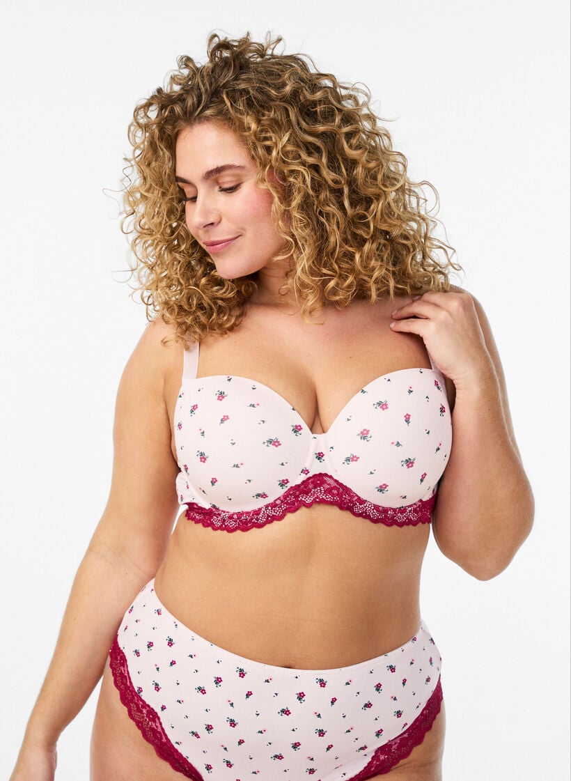 Voorgevormde bh met bloemenprint en kanten details, Roze, Model image number 0