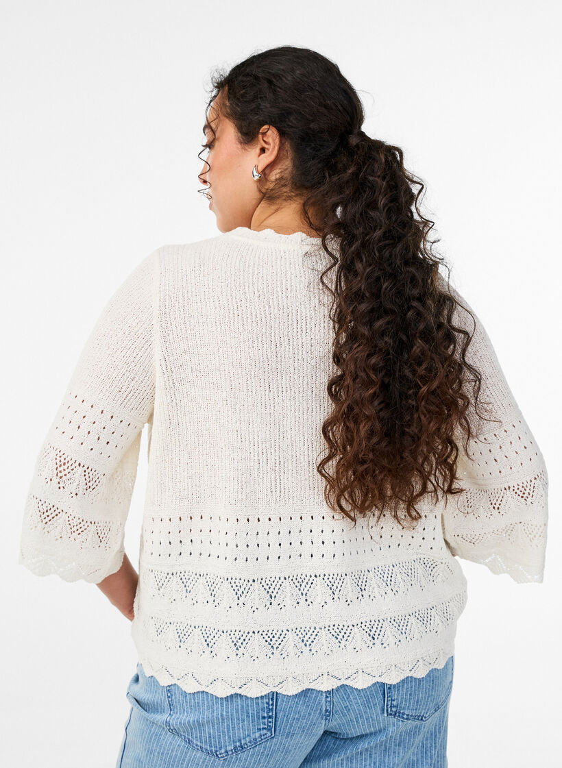 Blouse en maille avec broderie ajour&eacute;e et manches mi-longues, Vanille, Model image number 2