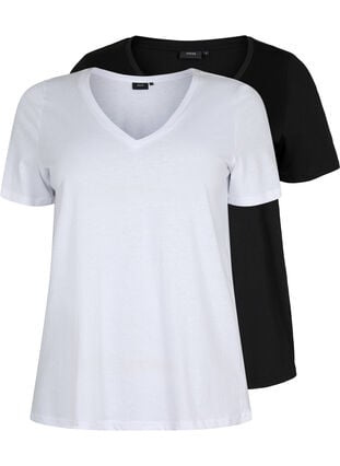 2-pack t-shirt met v-hals, Bright White / Black, Packshot image number 0