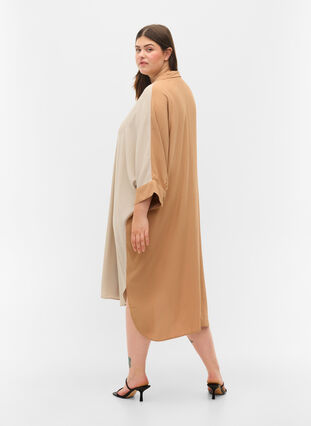 Robe chemise en viscose à manches 3/4 et à carreaux de couleur, Praline, Model image number 1