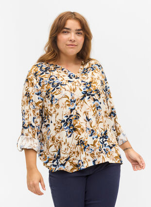 100% viscose blouse met bloemenprint100% viscose blouse met bloemenprint, Ecru Flower, Model image number 0