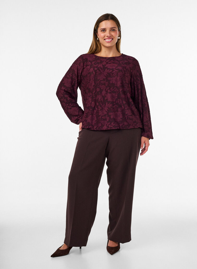 Blouse transparente avec texture florale et manches longues, Bordeaux, Model image number 1