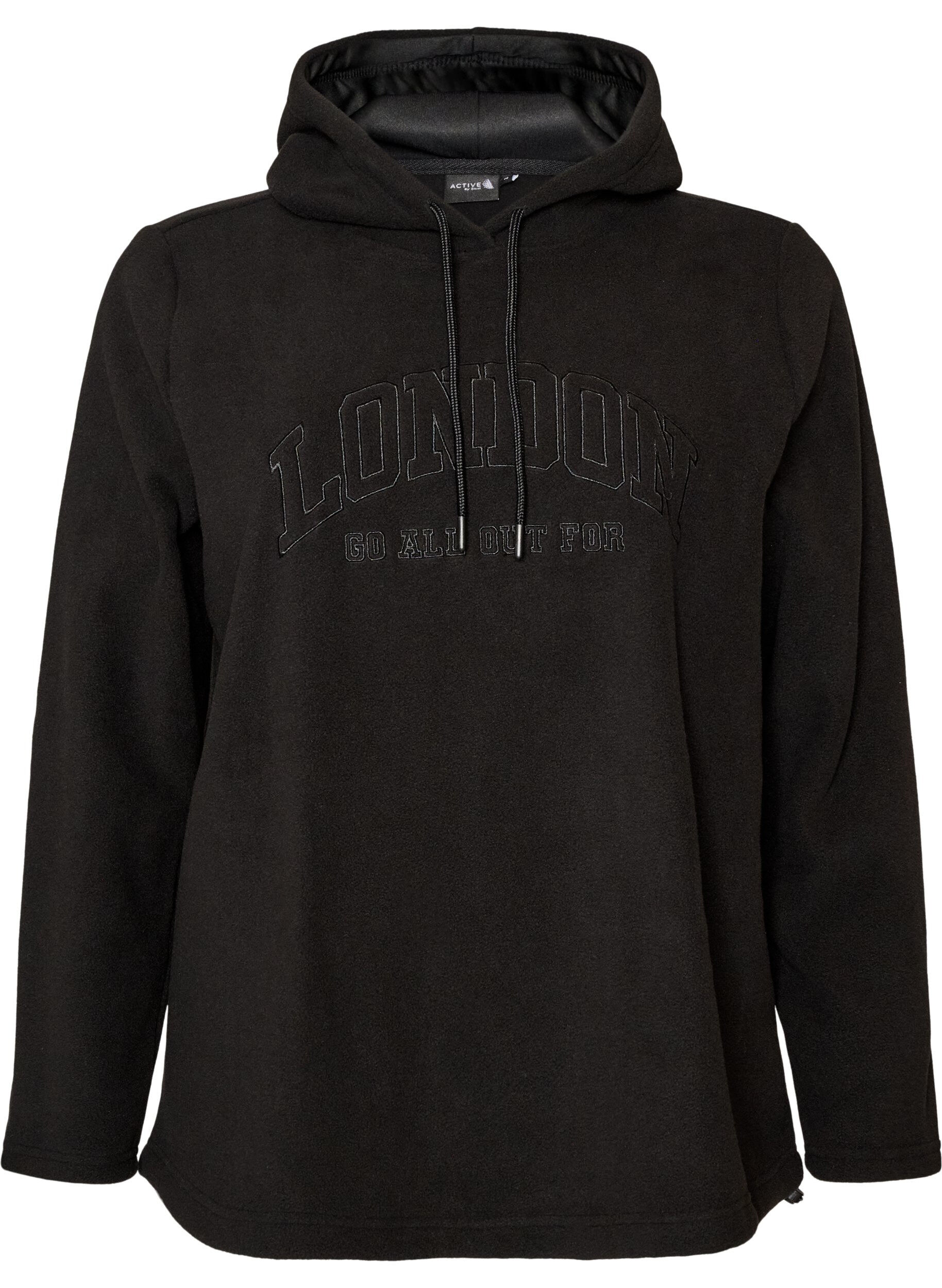 ZizziSweat &agrave; capuche en polaire avec col montant et texte brod&eacute;, Noir, Packshot image number 0