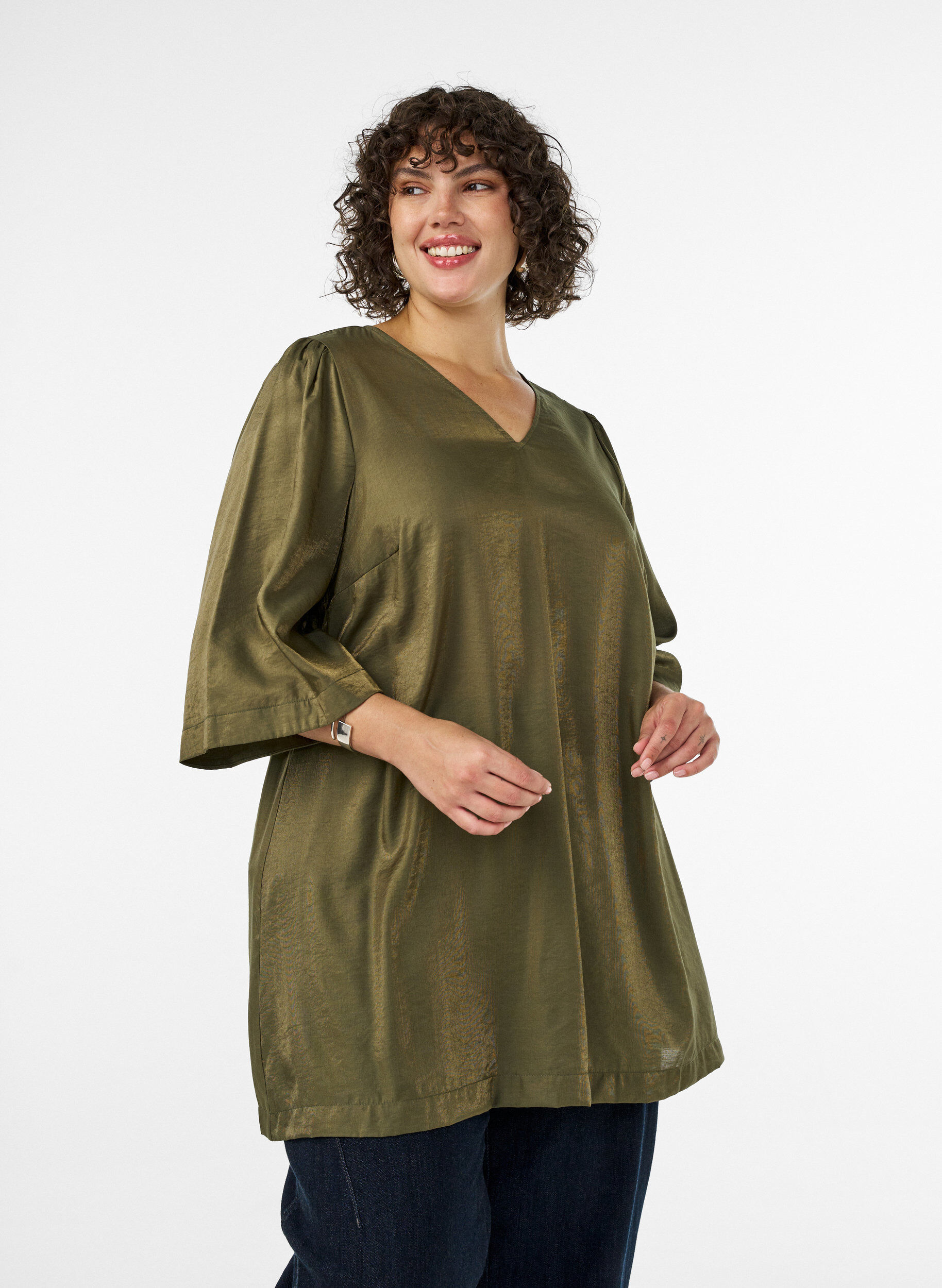 Glanzende tuniek met V-hals en 3/4 mouwen, Groen, Model