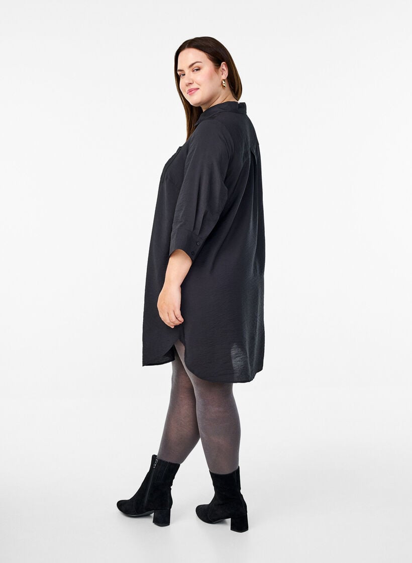 Robe courte avec col et poche poitrine, Noir, Model image number 2