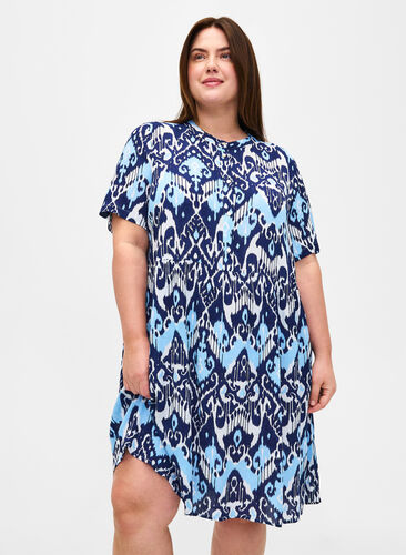 Viscose jurk met korte mouwen en print, Blue Ethnic AOP, Model image number 0
