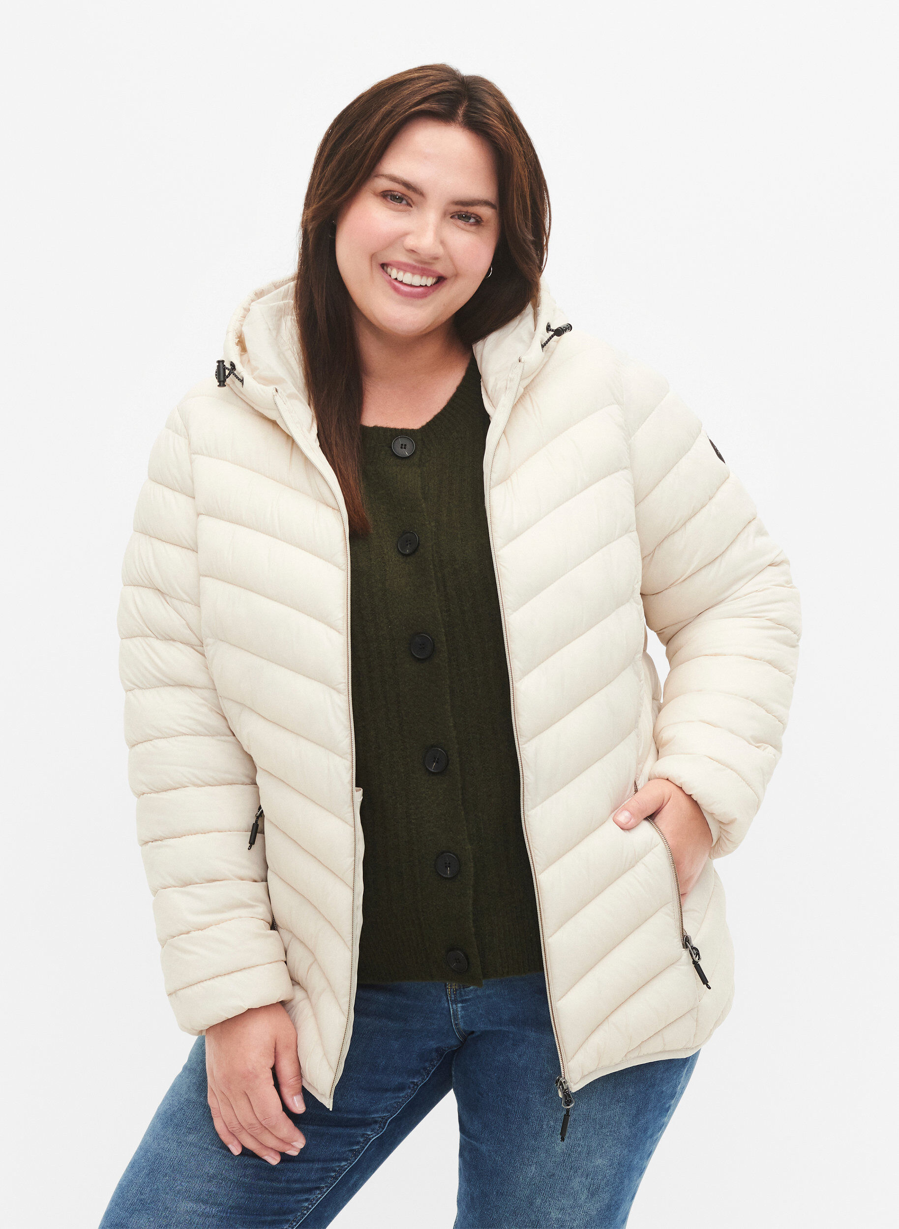 Gewatteerd lichtgewicht jack met capuchon, Beige, Model