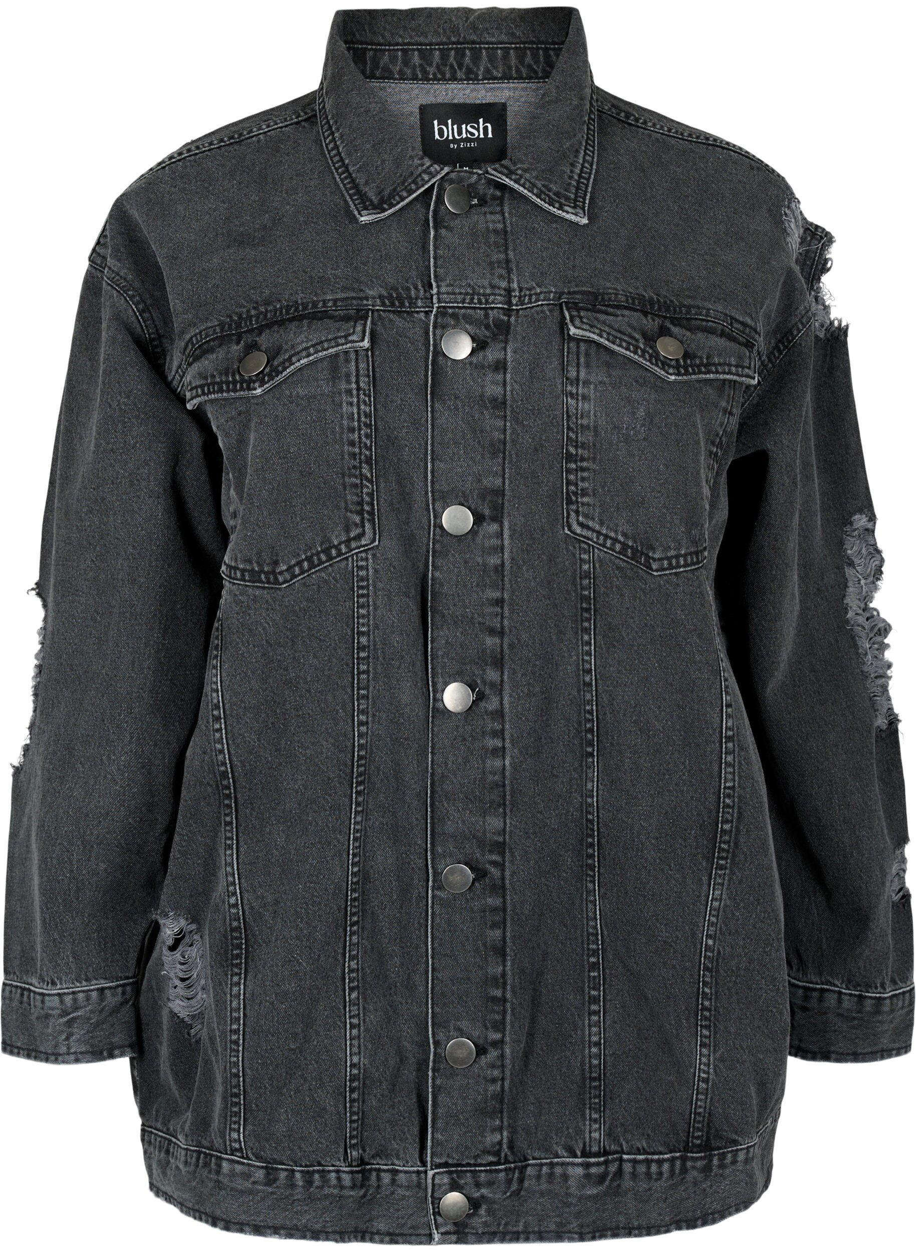 ZizziLoszittend denim jack met slijtagedetails, Dark Grey Denim, Packshot image number 0