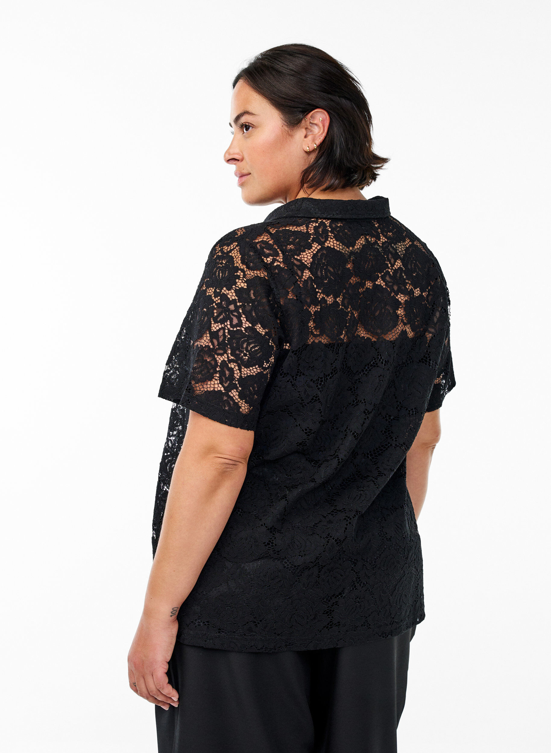 ZizziKanten blouse met een kraag en V-hals, Zwart, Model image number 2