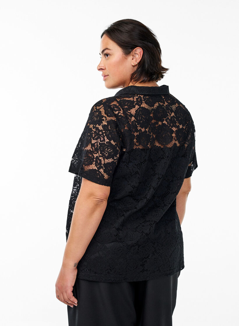 Kanten blouse met een kraag en V-hals, Zwart, Model image number 2