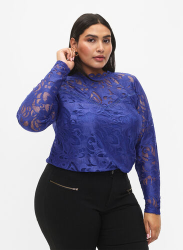 Kanten blouse met lange mouwen, Deep Ultramarine, Model image number 0