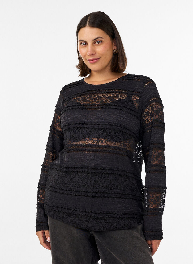 Kanten blouse met lange mouwen, Zwart, Model image number 0