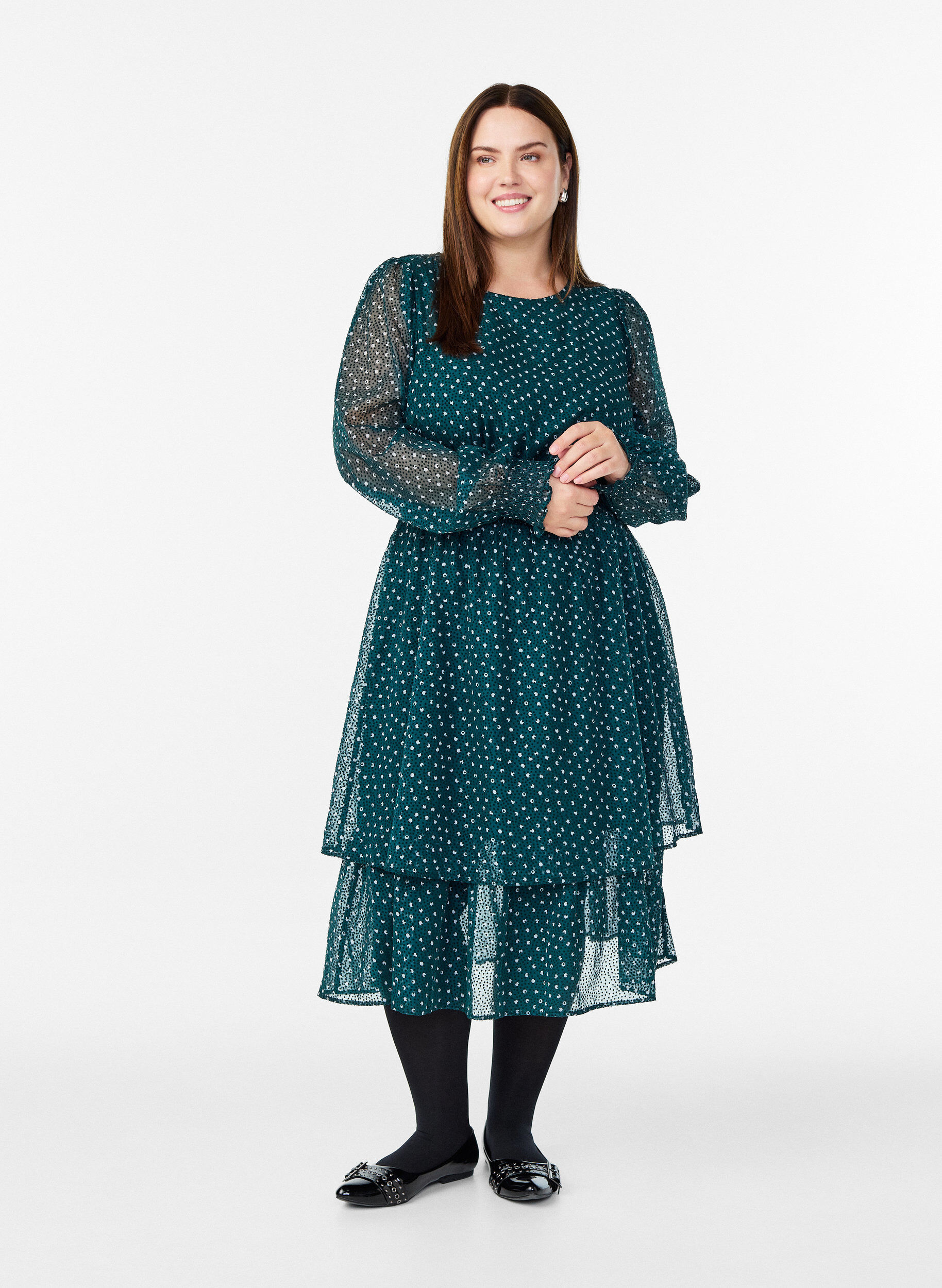 Robe midi en chiffon &agrave; motif &agrave; pois, Vert fonc&eacute;, Model