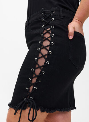 Korte denim rok met veterdetails, Black, Model image number 3
