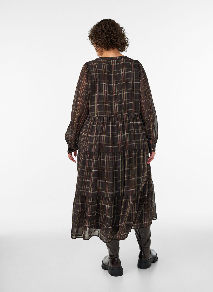 Gecontroleerde midi-jurk met een rok in lagen, Bruin, Model image number 1