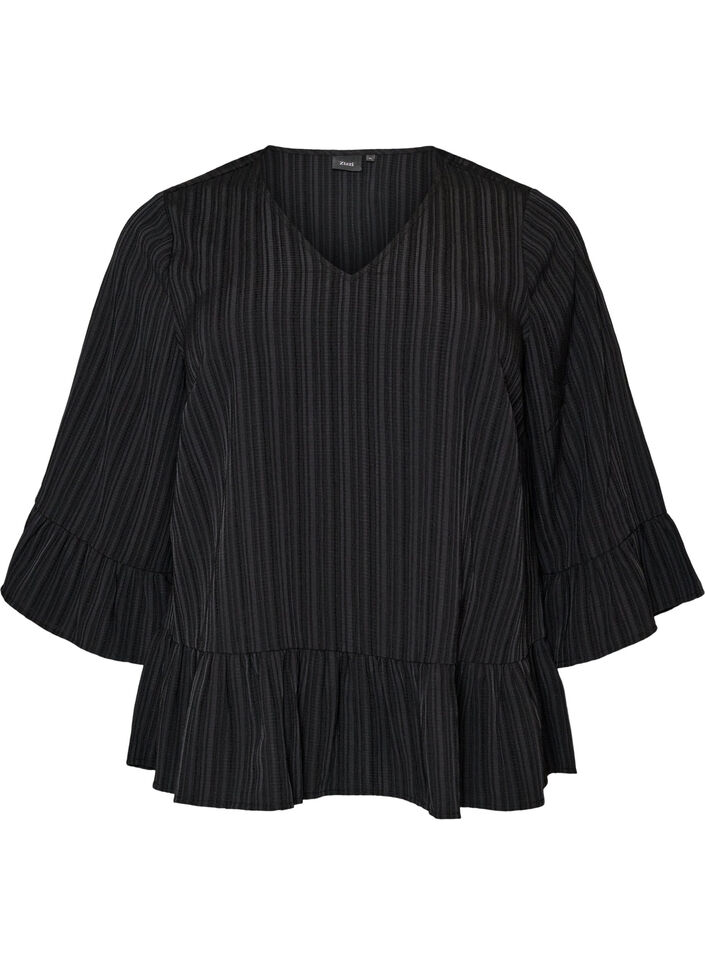 Blouse textur&eacute;e avec col V et volants, Noir, Packshot image number 0