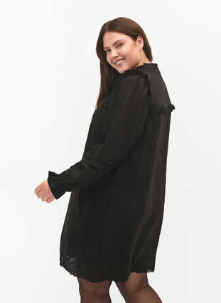 Viscose jurk met Engels borduurwerk en ruches, Black, Model image number 1