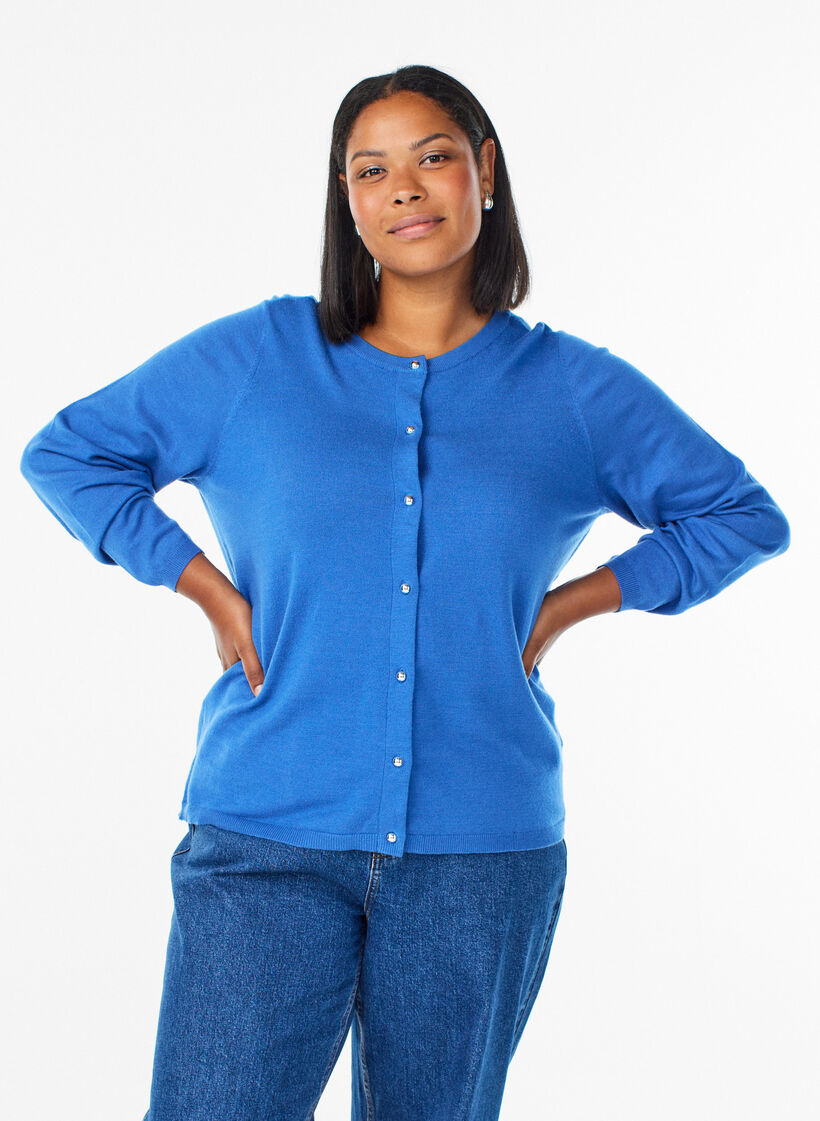 Cardigan &agrave; boutons ronds, Bleu, Model image number 0