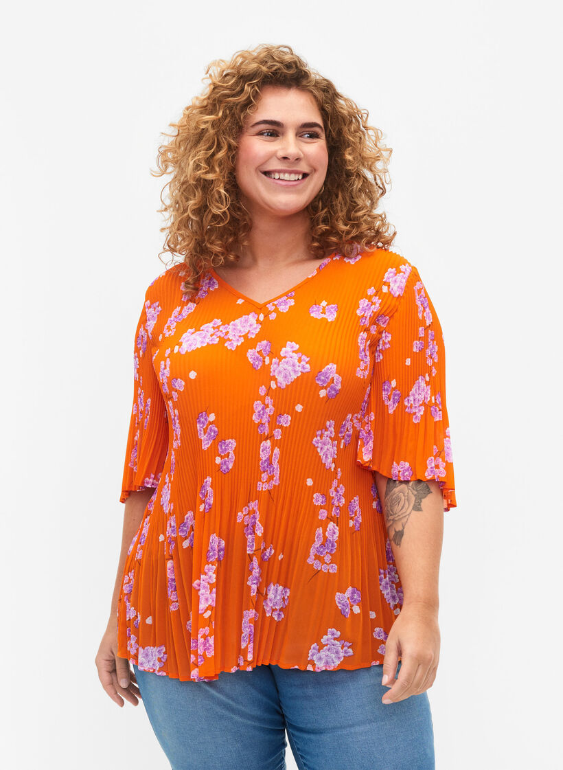 Blouse &agrave; fleurs en pliss&eacute;, Exuberance Flower, Model image number 0