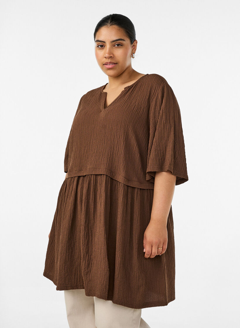 Tunique froiss&eacute;e &agrave; manches 1/2, Marron, Model image number 0