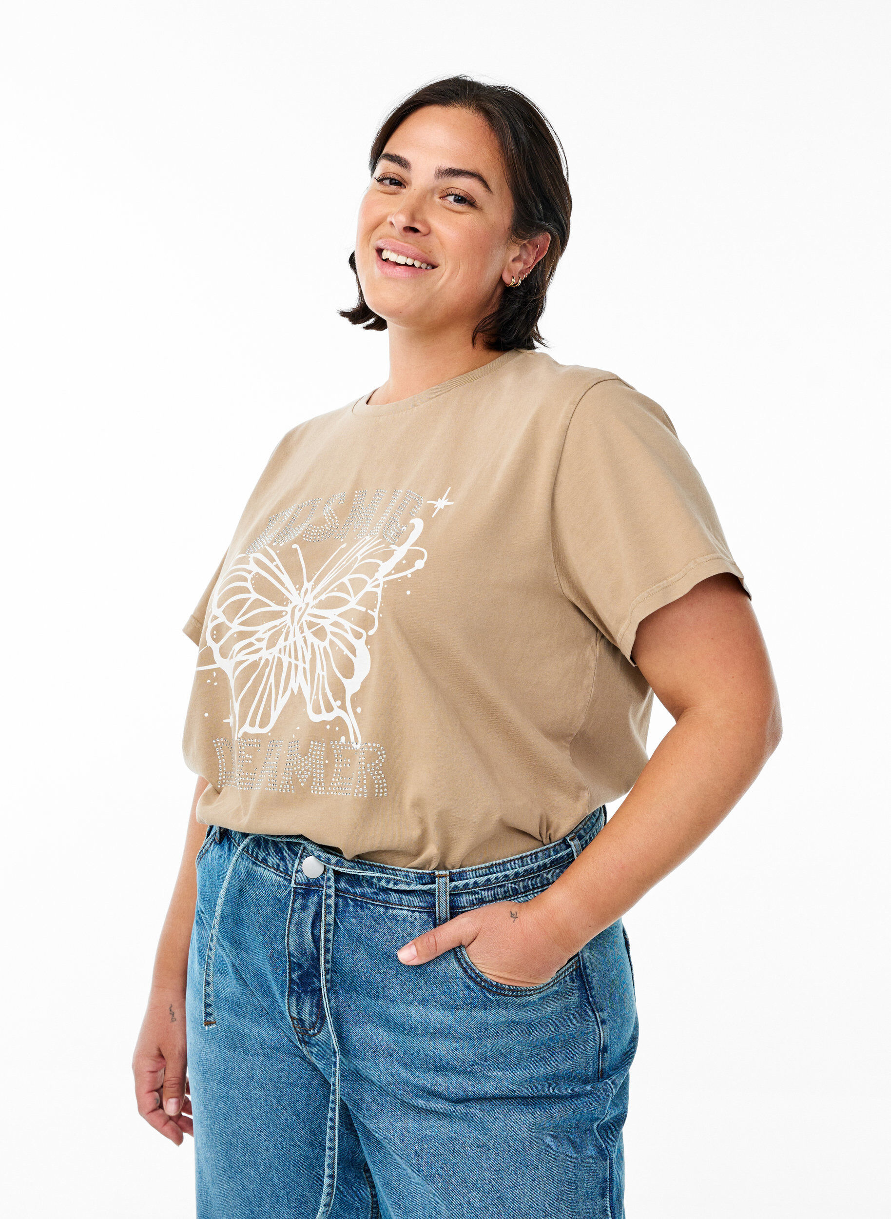 ZizziBiologisch katoenen T-shirt met strass en vlinder motief, Bruin, Model image number 0