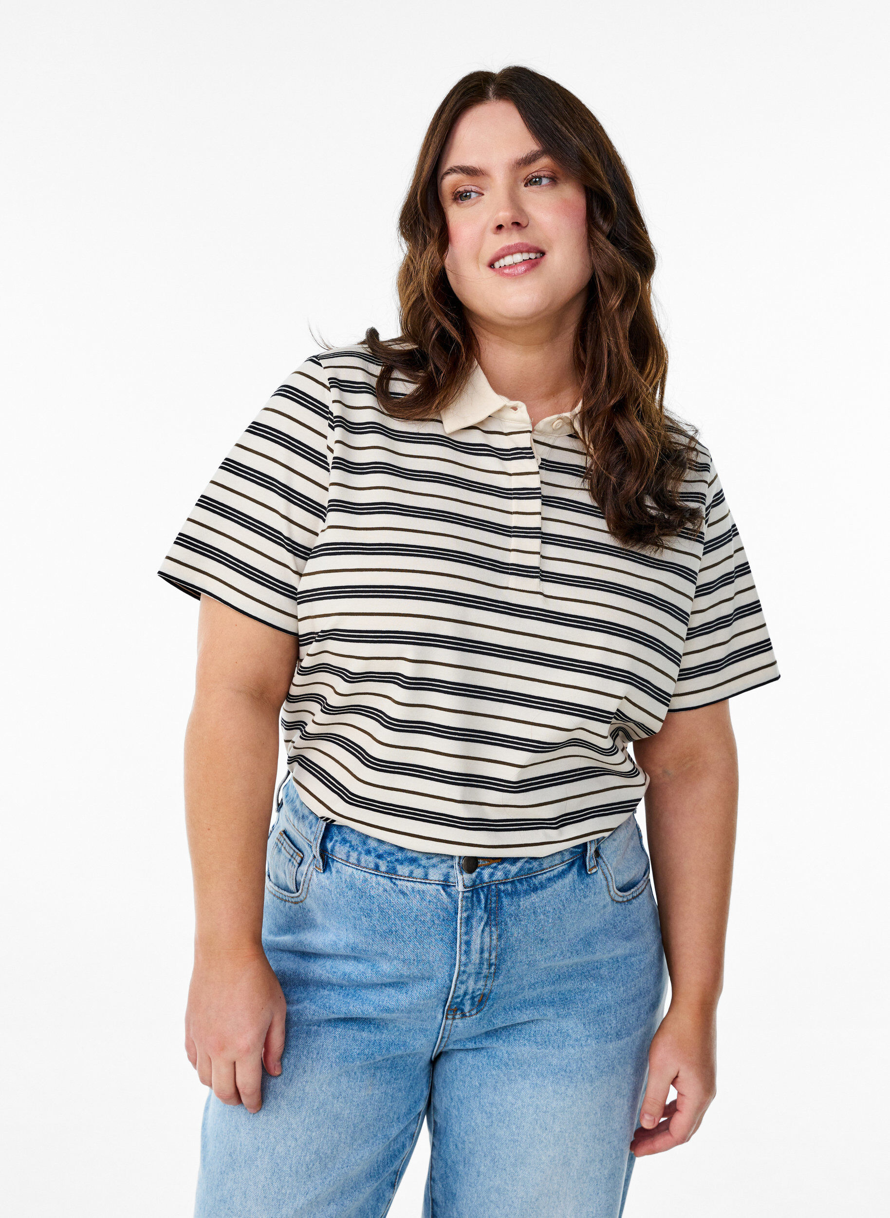 ZizziGestreepte poloshirt met korte mouwen, Wit, Model image number 0