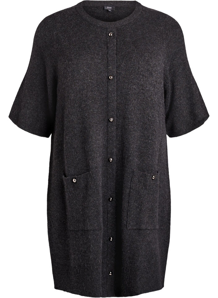 Gebreide korte jurk met korte mouwen en bolknopen, Grijs, Packshot image number 0