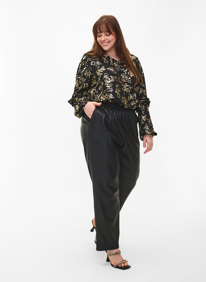 Blouse met lange mouwen, ruches en folieprint, Black Foil AOP, Model image number 3
