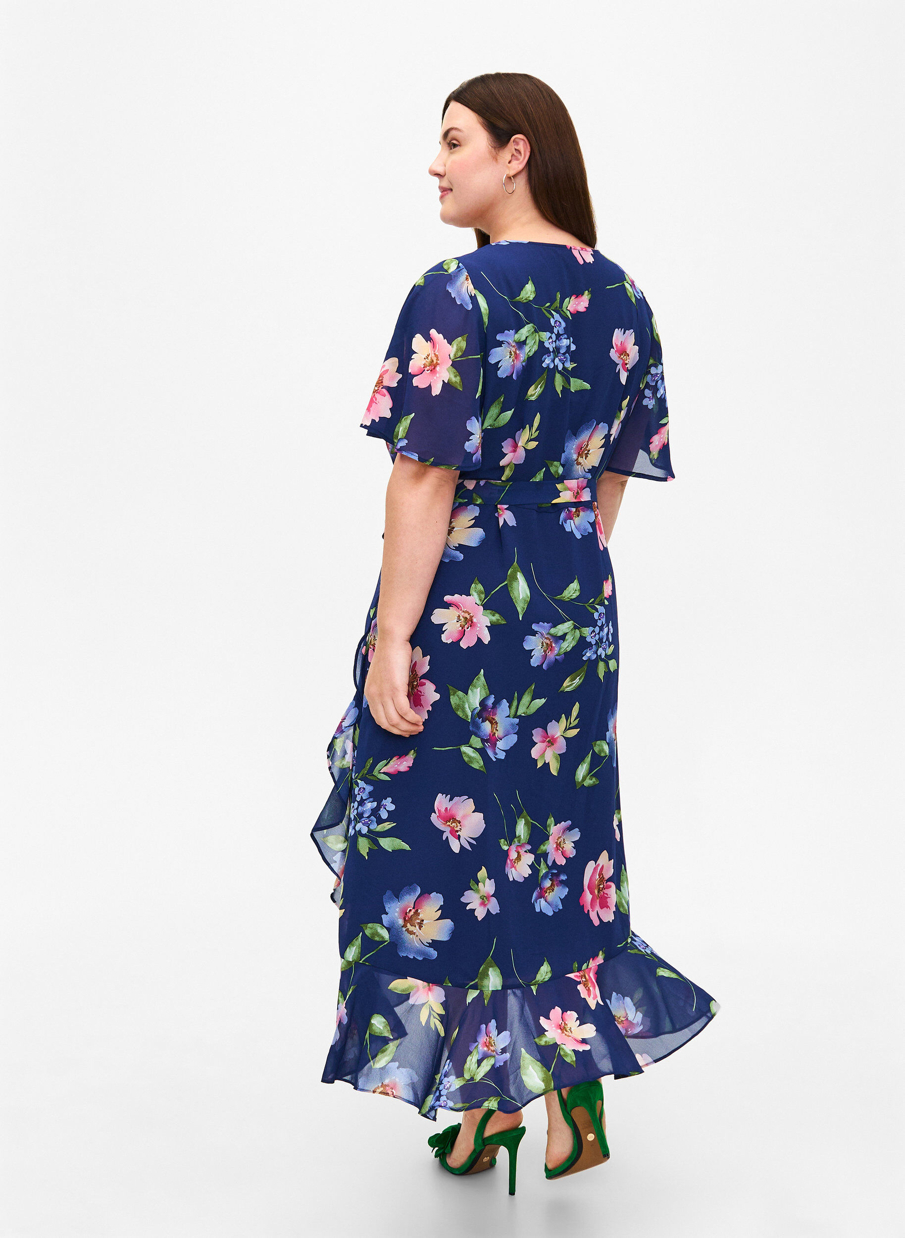Zizzi	 Midi-jurk met korte mouwen en bloemenprint, Blueprint Flower AOP, Model image number 1