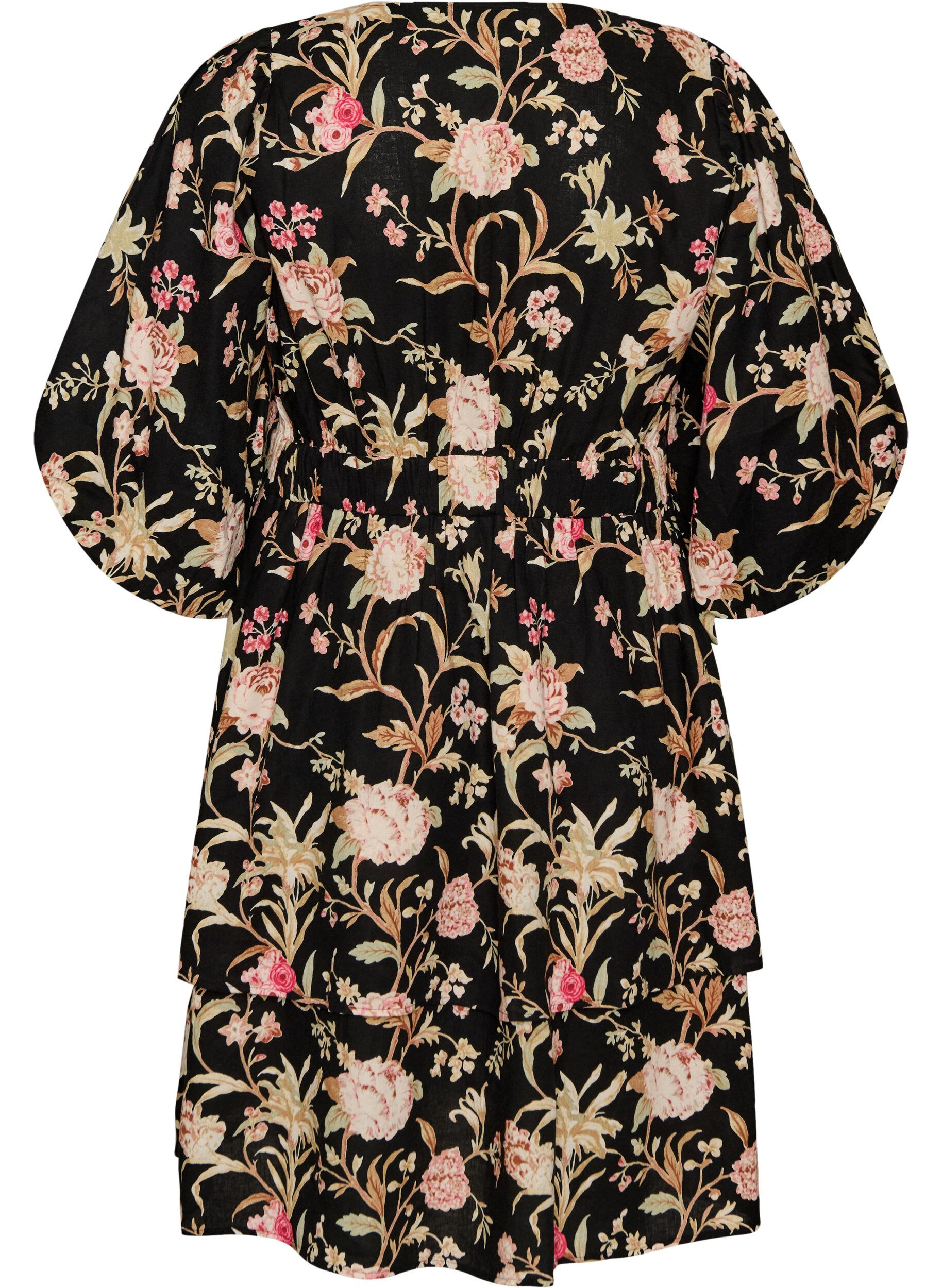 ZizziBloemenjurk in linnen en viscose met een empirelijn, Zwart, Packshot image number 1