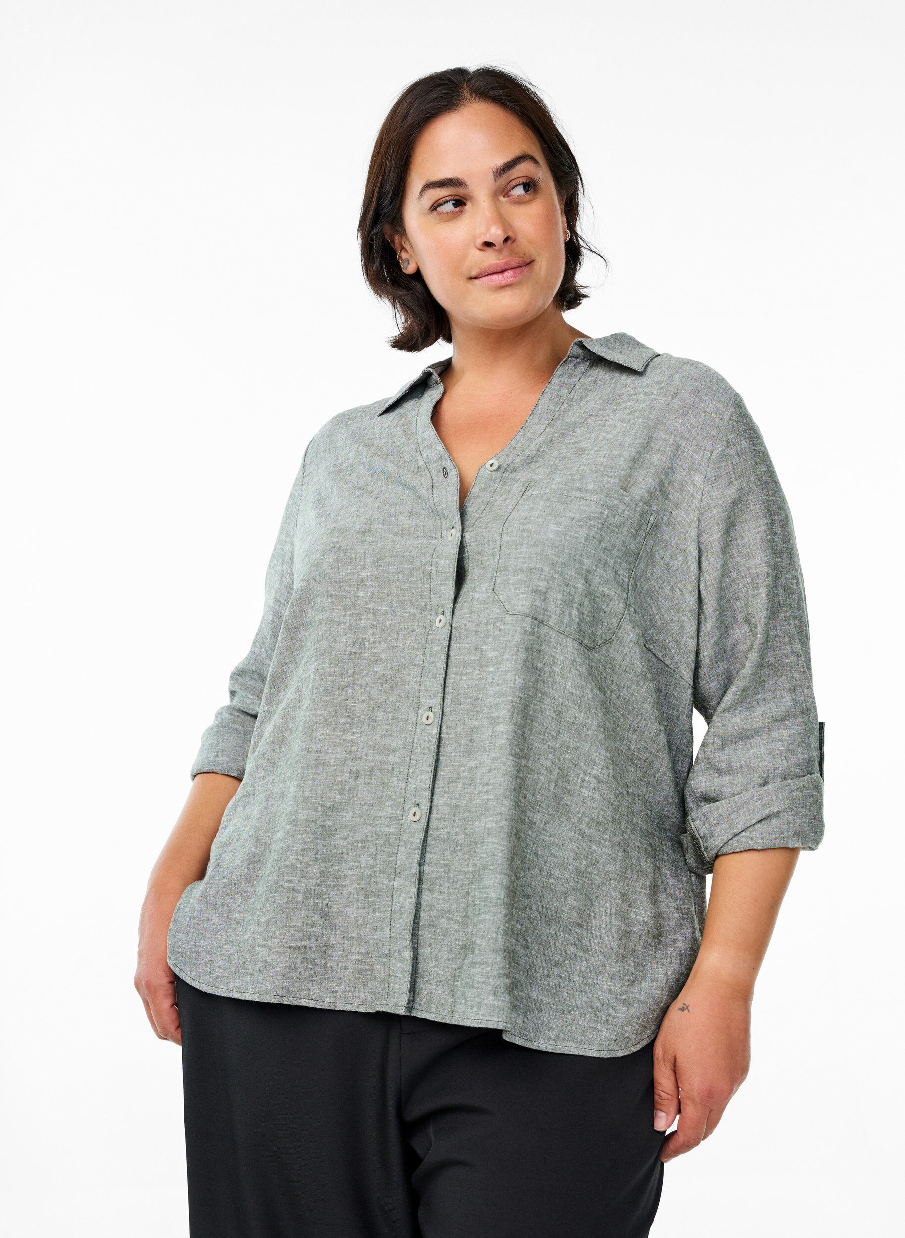 ZizziLinnen en viscose shirt met 3/4 mouwen, Groen, Model image number 0