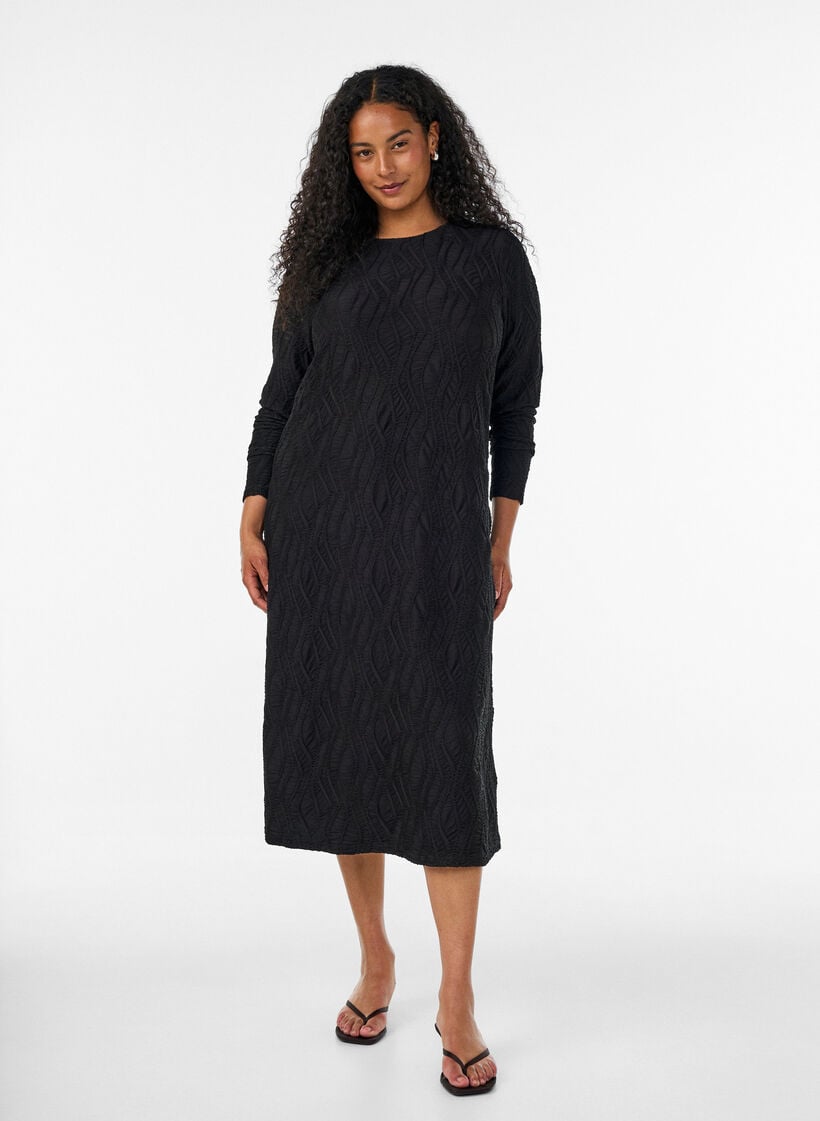 Robe midi &agrave; texture ondul&eacute;e et manches longues, Noir, Model image number 0