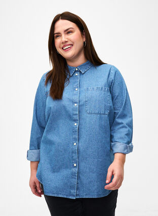 Gebloemd denim overhemd met borstzak, Light Blue Denim, Model image number 0