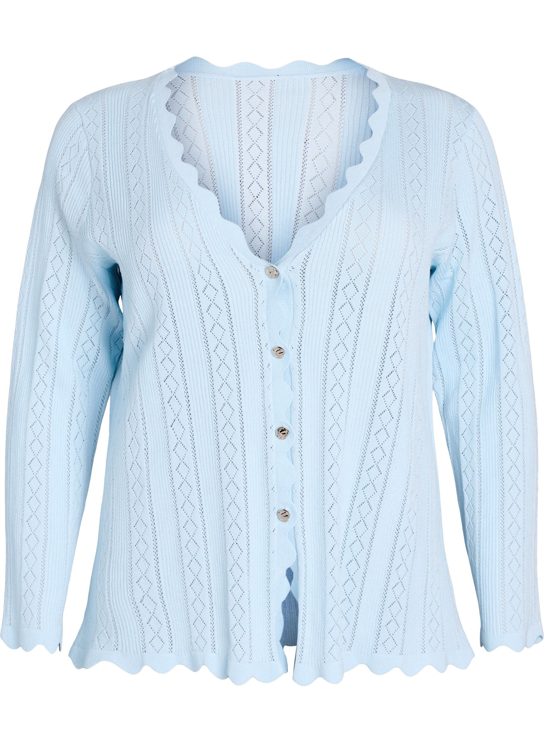 Zizzi Cardigan avec broderie ajour&eacute;e et bords ondul&eacute;s, Bleu Clair, Packshot image number 0