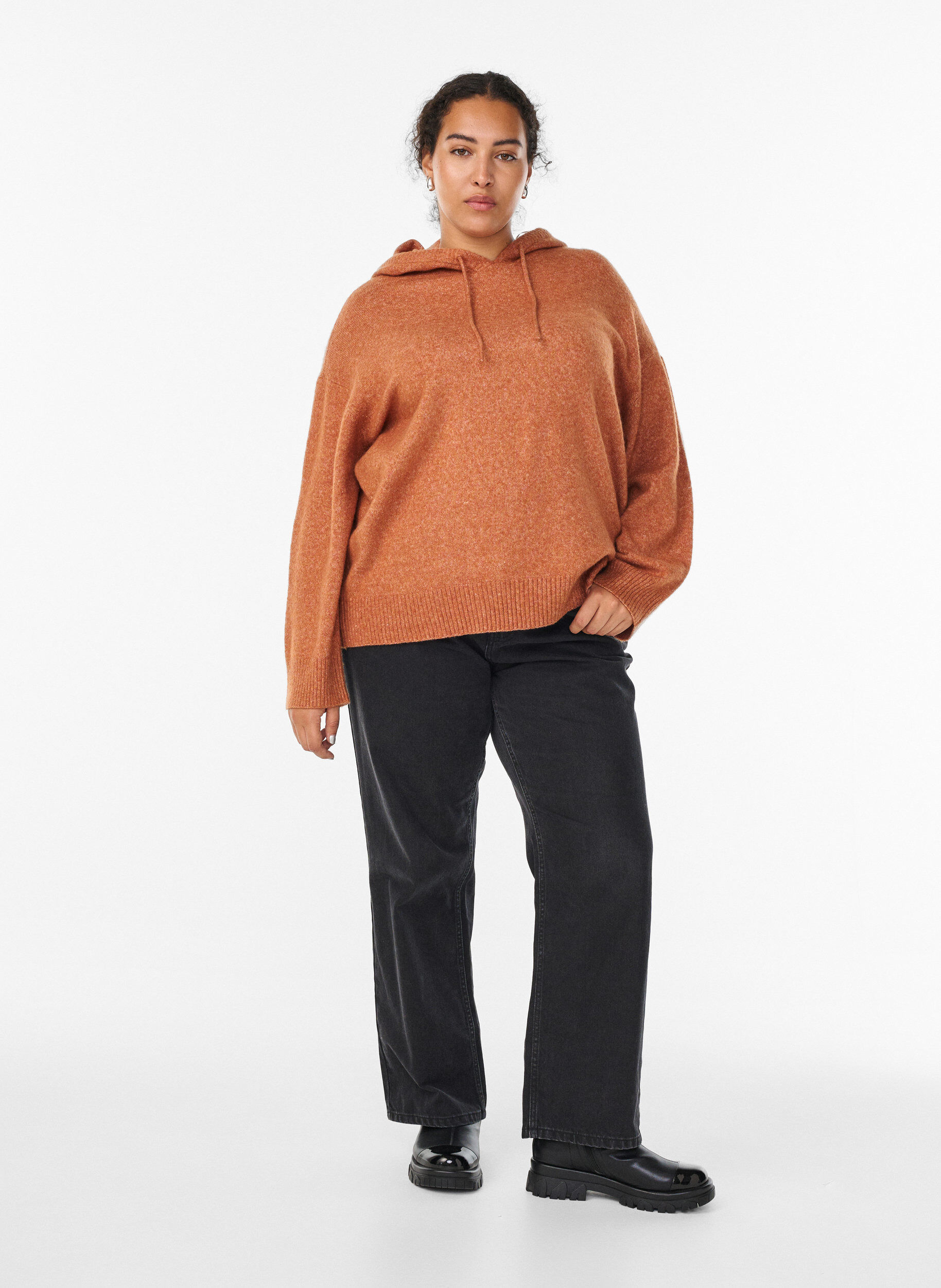 Zizzi Sweat &agrave; capuche en maille, Orange fonc&eacute;, Model image number 1