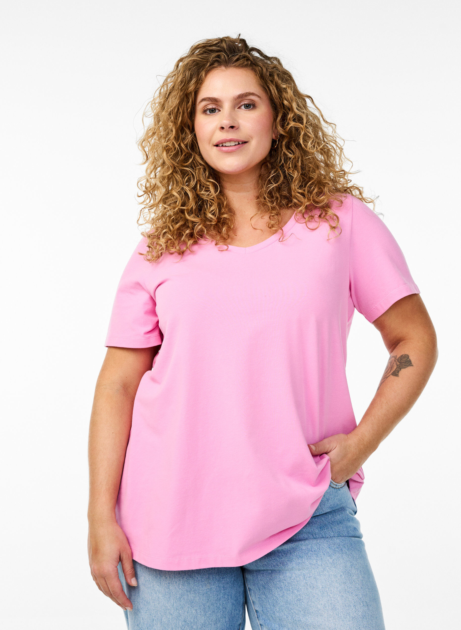 T-shirt basique en coton de couleur unie, Rose, Model