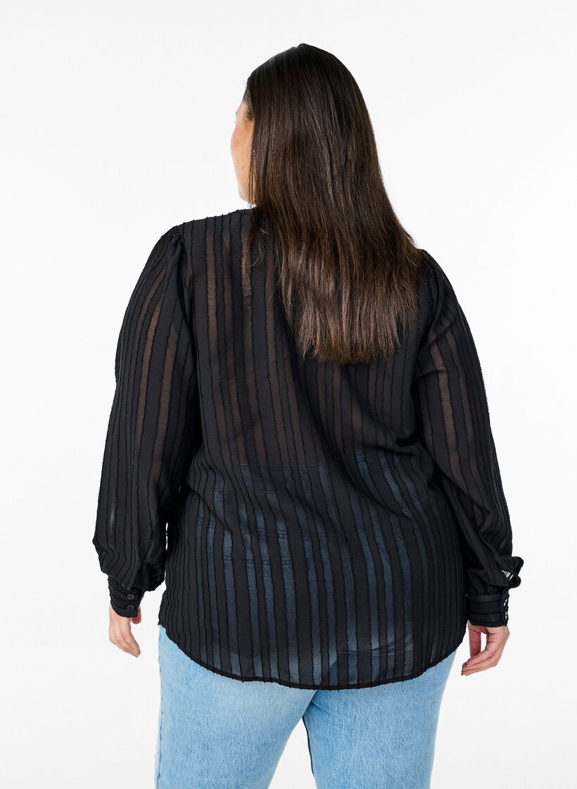 Gestreepte blouse met transparante strepen, Zwart, Model image number 2