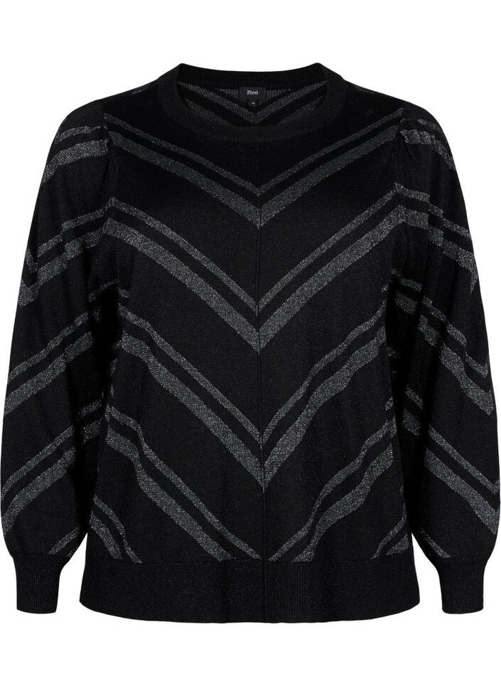 Pull tricoté avec un col rond et des reflets brillants, Black w.S.L.Stripes, Packshot image number 0