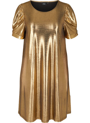 Robe trapèze à manches courtes bouffantes, Gold, Packshot image number 0