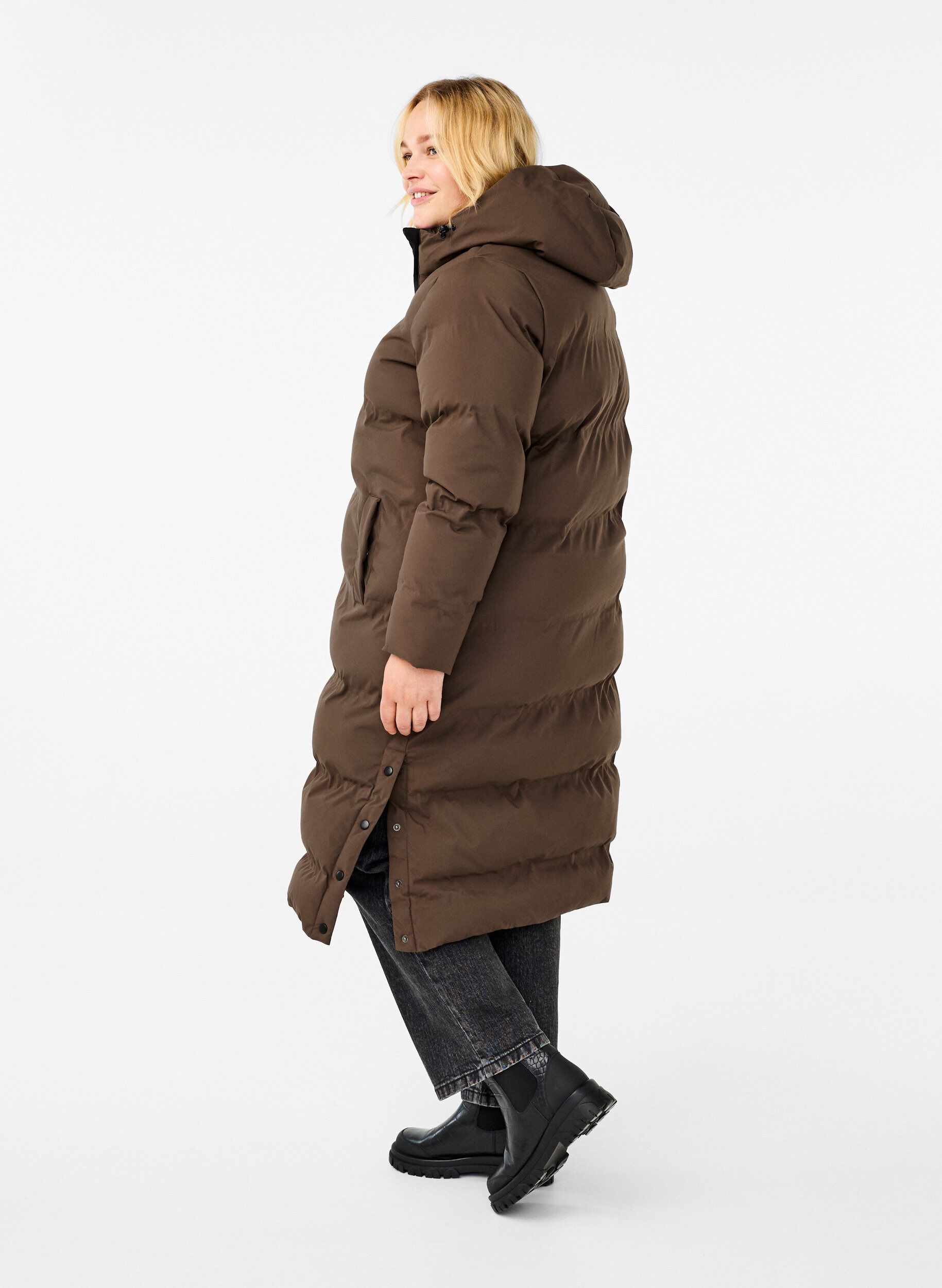 ZizziLange puffer winterjas met capuchon, Bruin, Model image number 2