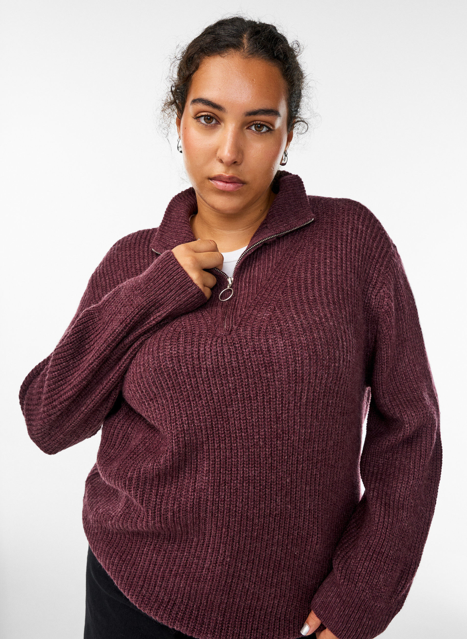 ZizziGebreide trui met hoge hals en rits, Rood, Model image number 3