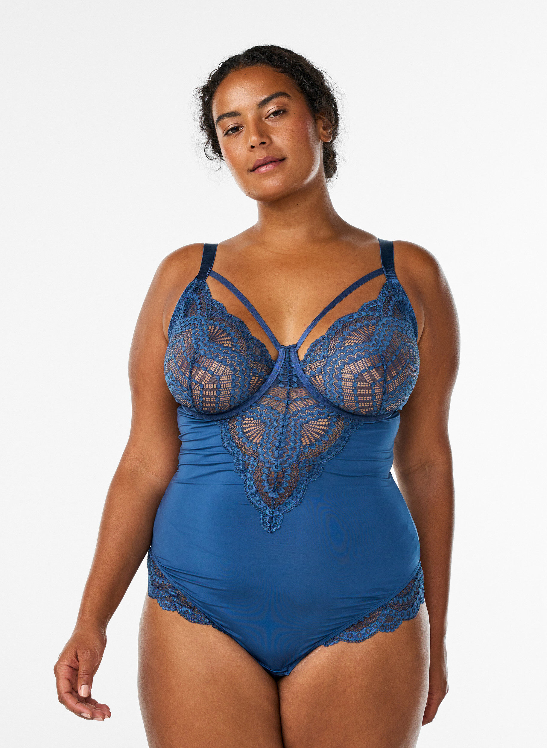 Body van kant met beugels en bandjesdetails, Blauw, Model