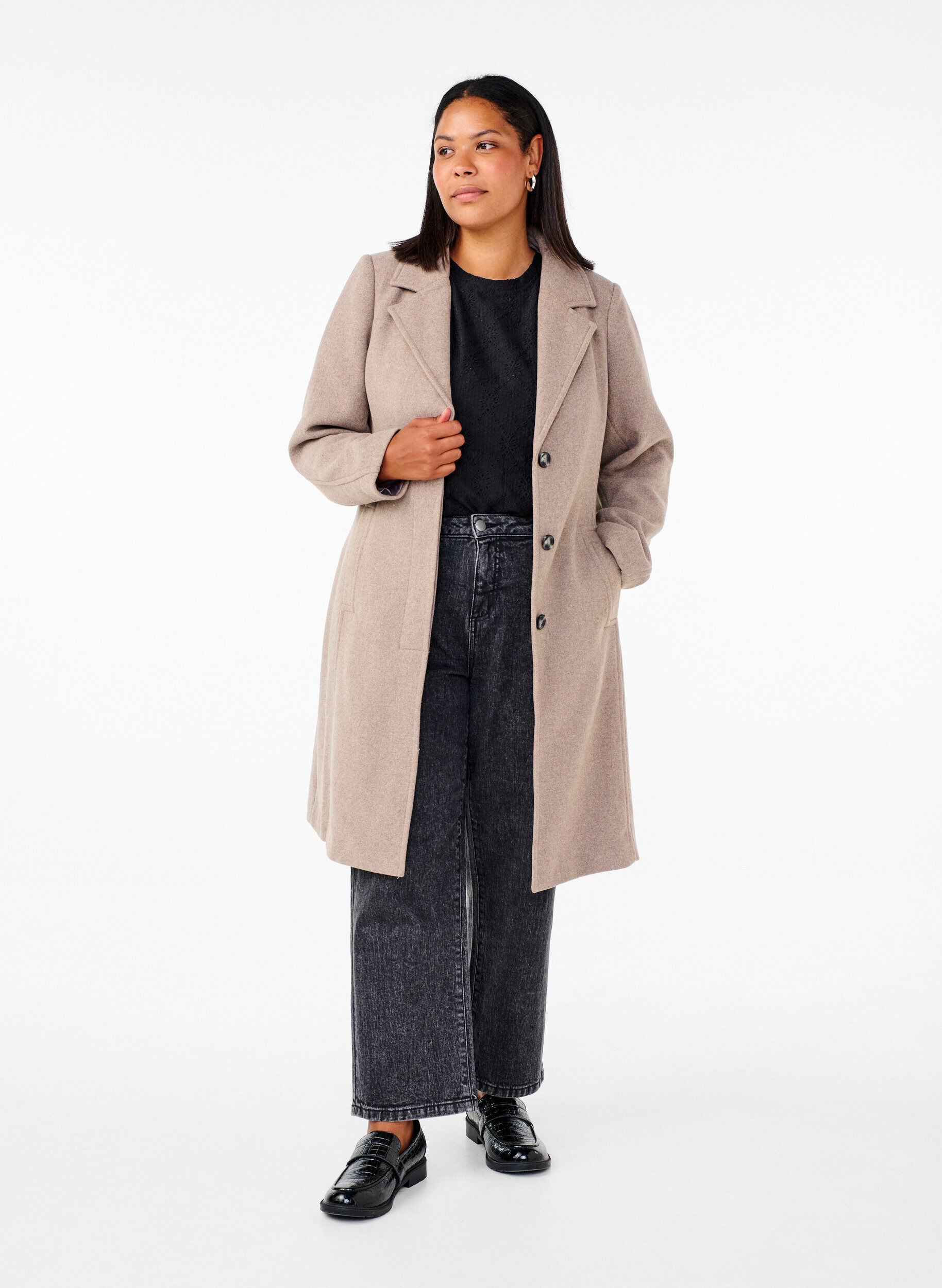 Zizzi Manteau en laine long avec ceinture, Moon Rock Mel. , Model image number 2