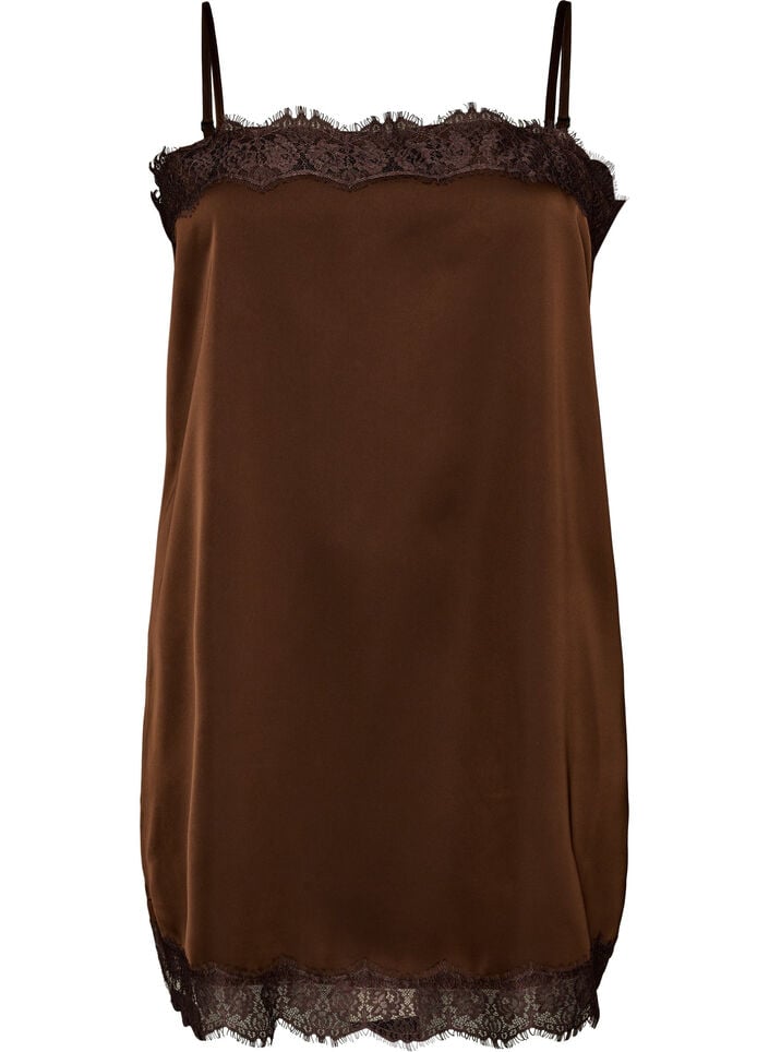 Haut long en satin bord&eacute; de dentelle, Marron, Packshot image number 0