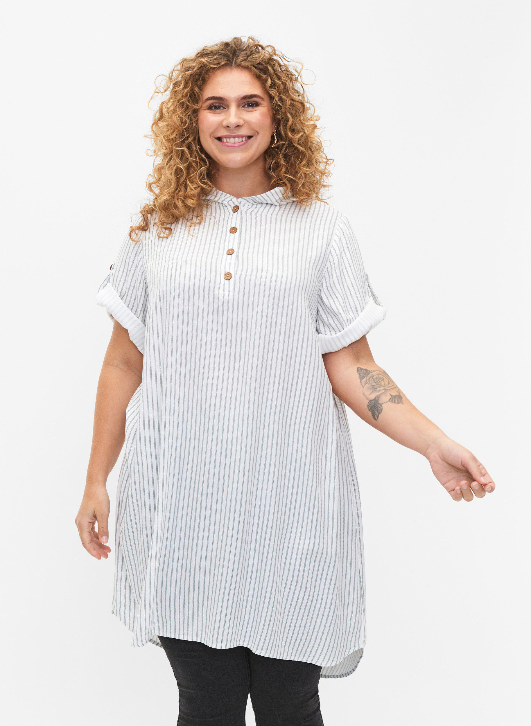 ZizziTuniek van viscose met korte mouwen en capuchon, Chinois Green Stripe, Model image number 0