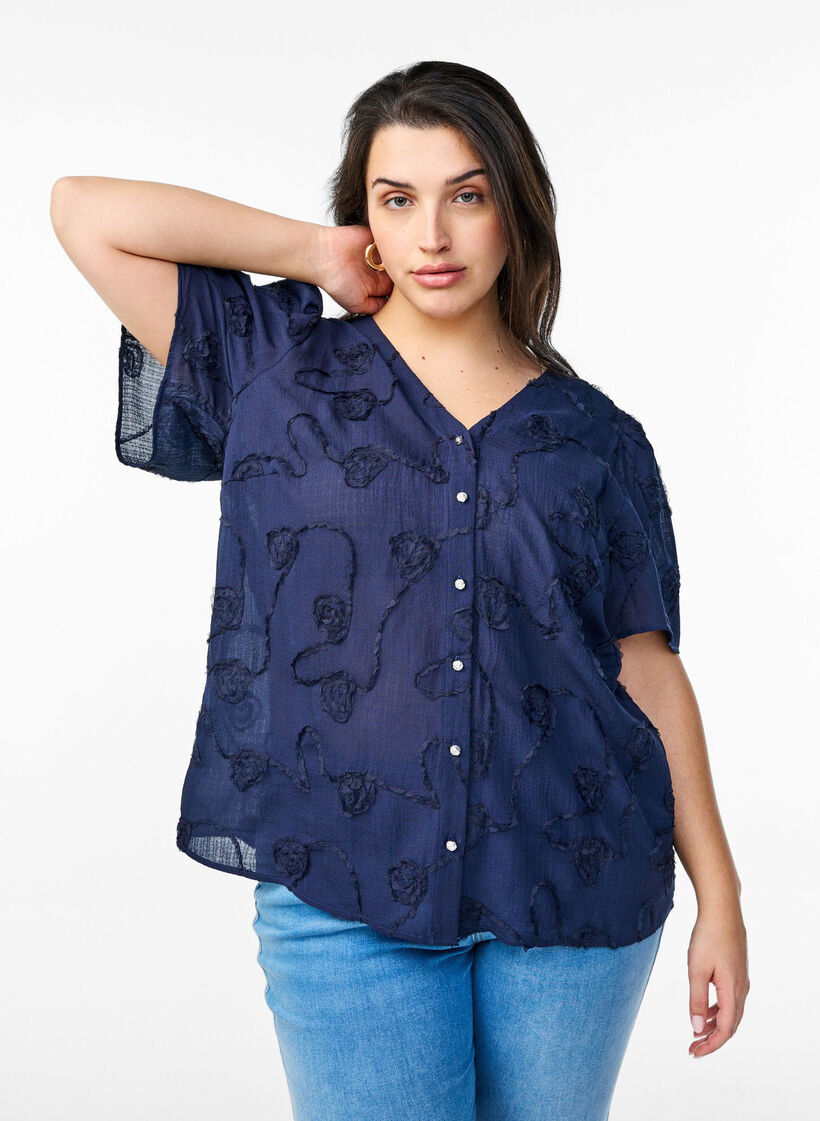 Shirtblouse met korte mouwen en 3D-bloeimeffect, Blauw, Model image number 0